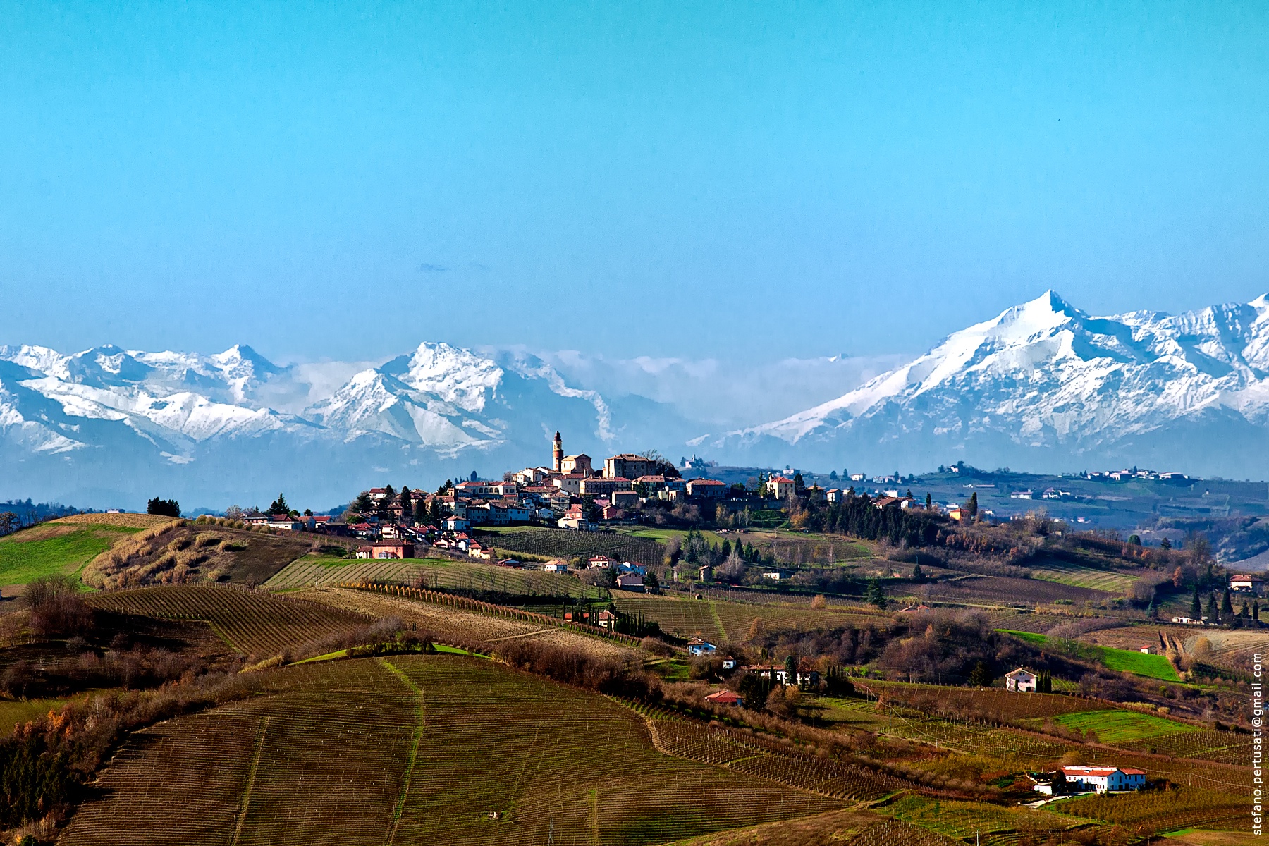 Monferrato with the Alps in the Distance in the Piedmont wine region