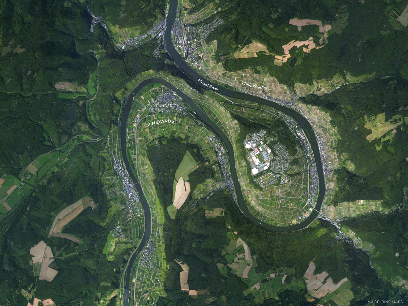 Birdseye view over the Mosel River wine region in Germany