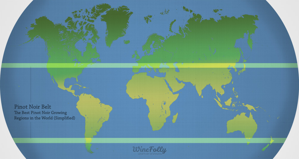 Slightly oversimplified world map depicting the best pinot noir regions