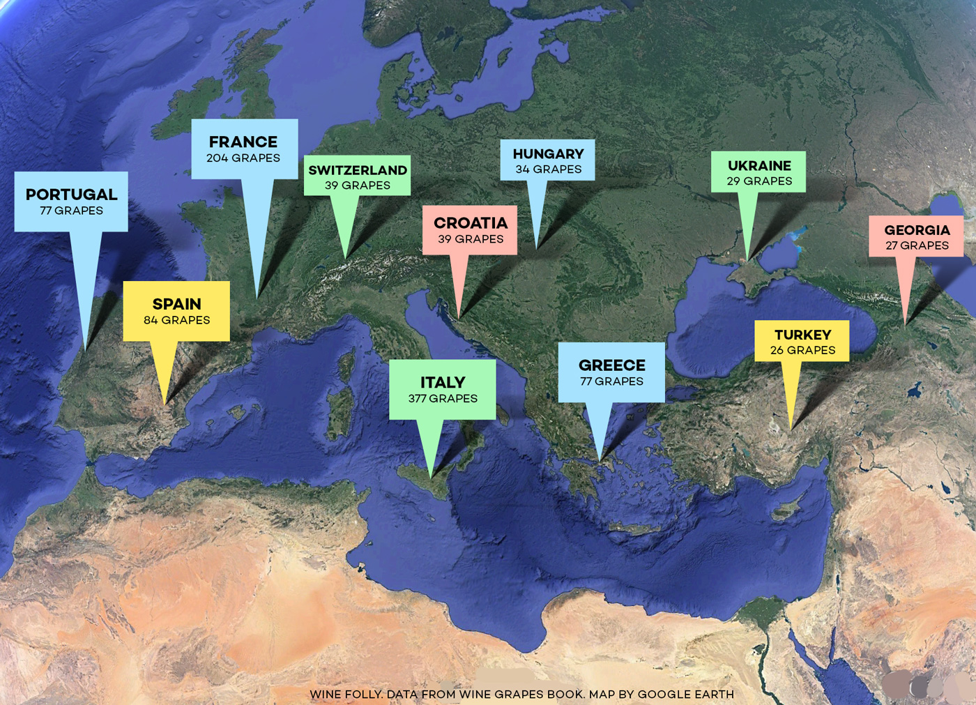 Wine grape origin distribution pulled from Wine Grapes book map by Wine Folly